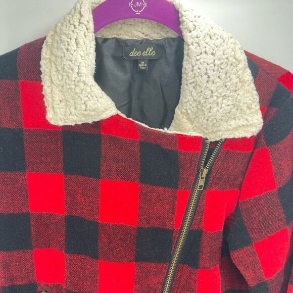 Dee Elle Vintage Red Buffalo Plaid Sherpa moto Jacket angle zip Medium - Picture 8 of 9
